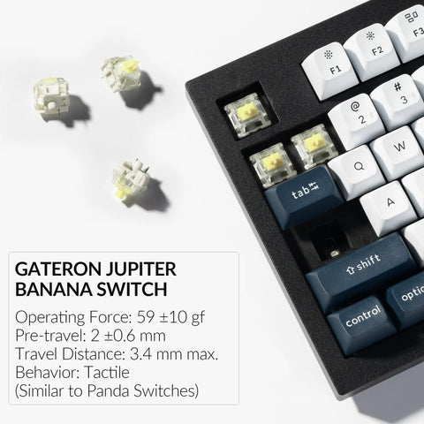 Gateron Jupiter Banana Switches with yellow top, detailed specs, placed on a Compact 96 Percent Wireless Mechanical Keyboard.