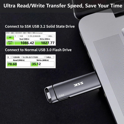 1TB Dual USB C And USB A 3.2 Gen 2 Flash Drive External Portable SSD With Type C And USB A connected to laptop