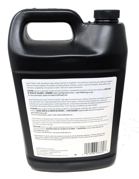 Pro Grade Premium All Season Hydraulic Fluid 4 Gallon Bottles Model 138-9459 back view with label details for Dingo equipment.