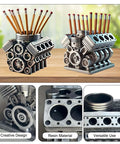 V8 Engine Model Pen And Pencil Holder For Desk Resin Desktop Stationery Organizer With Compartments Realistic Car Engine Design