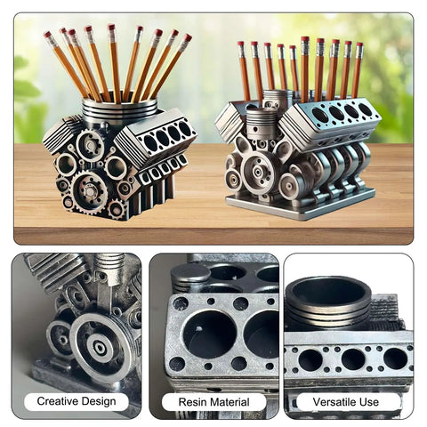 V8 Engine Model Pen And Pencil Holder For Desk Resin Desktop Stationery Organizer With Compartments Realistic Car Engine Design