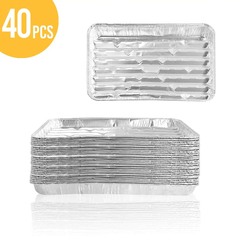 40 Pack Disposable Aluminum Broiler Pans, 13.38 by 8.81 by 1.06 Inches, thick aluminum foil, stacked view, nonstick grilling trays