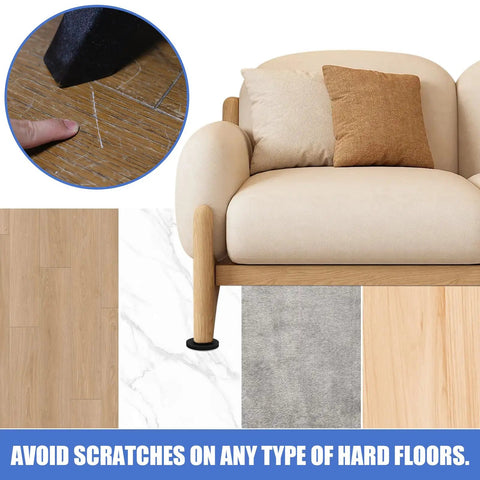Image showing 16-Piece Felt Furniture Sliders For Hardwood Floors under a couch leg, protecting various floor types from scratches.