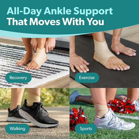 Elastic Ankle Support Sleeve For Men And Women in beige, worn during recovery, exercise, walking, and sports activities.