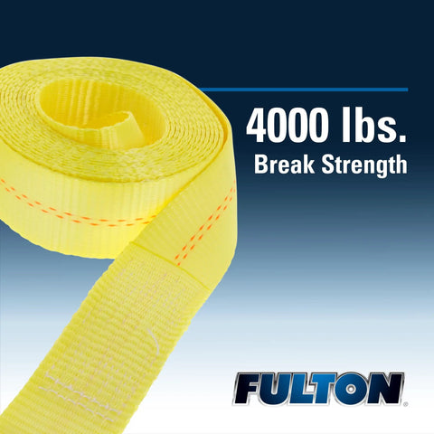 Close-up of yellow nylon strap showing "4000 lbs. Break Strength" and "Fulton" logo, ideal for heavy-duty towing.