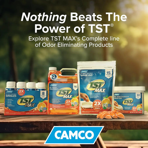 Product display of TST MAX odor eliminating products, including Premium Orange RV Toilet Drops Featuring Reactive Odor Eliminating Technology That Kicks Black Tank Stench To The Curb For A Chill Camper Cleanup A Solid 30 Pack.
