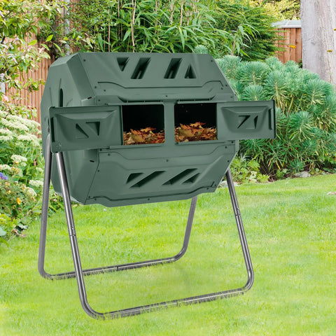 Dual Chamber 42 Gal Compost Tumbler With Sliding Doors 360 Degree Tumbling No Fuss Backyard Composting Metal Frame BPA Free Large Rotating Bin in garden