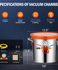 Front view of VTG VOGTEN 3-Gallon stainless steel vacuum chamber with orange tempered glass lid and built-in gauge.