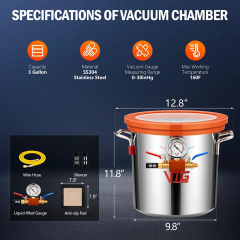 Front view of VTG VOGTEN 3-Gallon stainless steel vacuum chamber with orange tempered glass lid and built-in gauge.