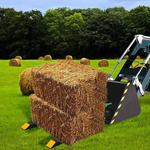 43 Inch Pallet Forks Clamp On for Tractor Bucket 1500 Lb Capacity lifting hay bales in field