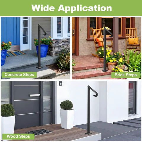 Heavy Duty Outdoor Stair Handrail For One To Two Steps, 38 Inch Wrought Iron Single Post, Rustproof Black Stair Railing Kit on various steps