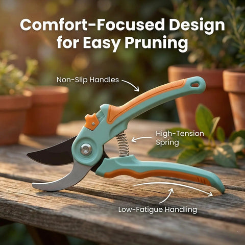 Comfort design 8 inch bypass pruner from 2 Pack Garden Pruning Shears Set placed on wooden table among potted plants