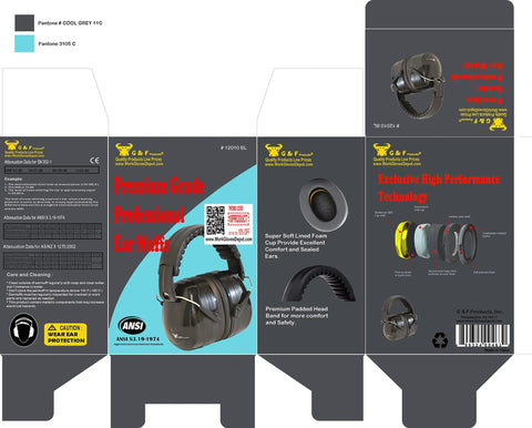 Product packaging showing Top Notch Hearing Protection Earmuffs with Adjustable Headband for Shooting and Range Use, black color.