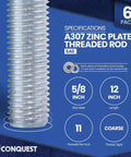 Zinc Plated Five-Eighth Inch Threaded Rod Twelve Inch UNC Coarse 11 TPI Six Pack With Nuts And Washers Carbon Steel ASTM A307 Compliance Right Hand Threads All Thread Rods, 5/8 x 12 in rod