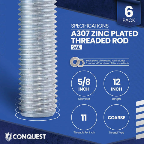 Zinc Plated Five-Eighth Inch Threaded Rod Twelve Inch UNC Coarse 11 TPI Six Pack With Nuts And Washers Carbon Steel ASTM A307 Compliance Right Hand Threads All Thread Rods, 5/8 x 12 in rod
