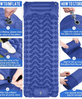Inflating and storing Ultralight Sleeping Pad With Built-In Pump For Camping And Hiking, Slim Compact Air Mattress, Blue