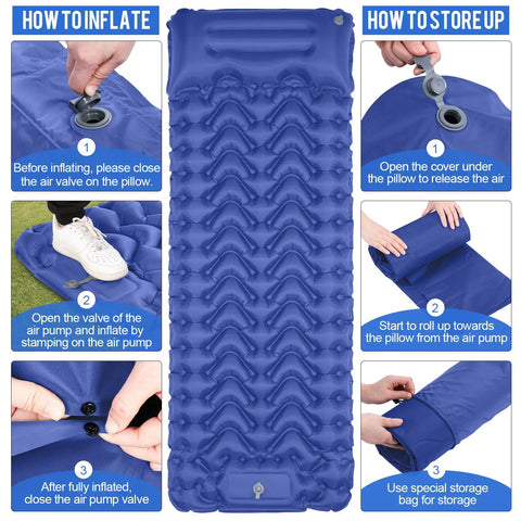 Inflating and storing Ultralight Sleeping Pad With Built-In Pump For Camping And Hiking, Slim Compact Air Mattress, Blue