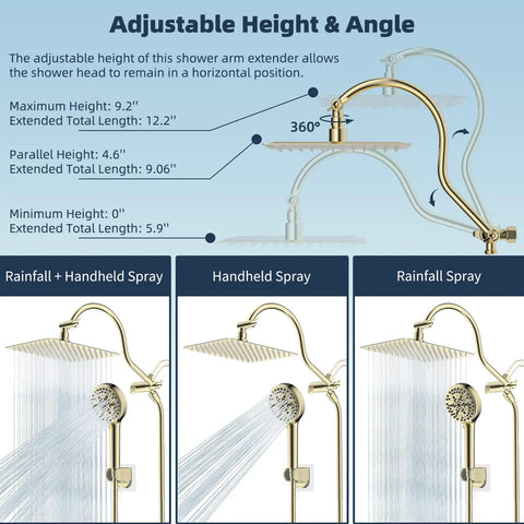 All Metal CUPC Certified Shower Head Combo With 10 Inch Rainfall Head And Polished Brass Handheld, adjustable arm positions