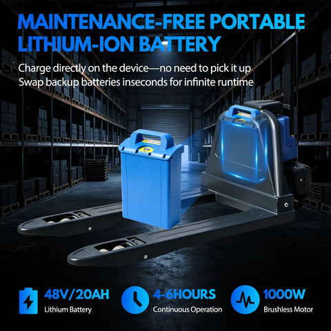 Heavy Duty 4400 Lb Capacity Electric Pallet Jack With Dual Safety System And Emergency Reverse Switch For Tough Warehouse Jobs and lithium-ion battery close-up.