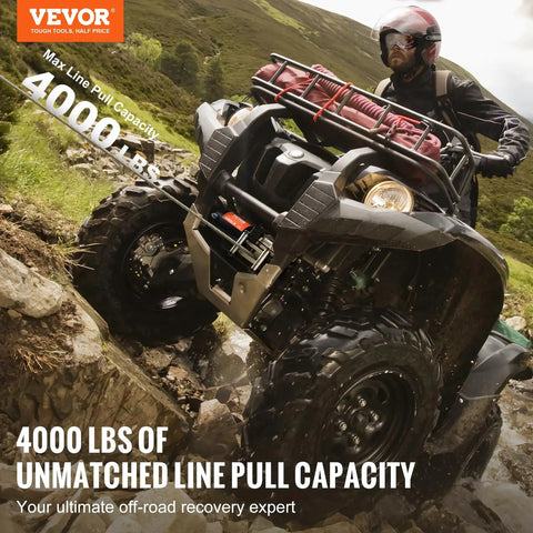 VEVOR 4000 Lb Electric Winch For Atv And Utv Recovery mounted on ATV, showcasing its 4000 lbs capacity in rugged terrain.