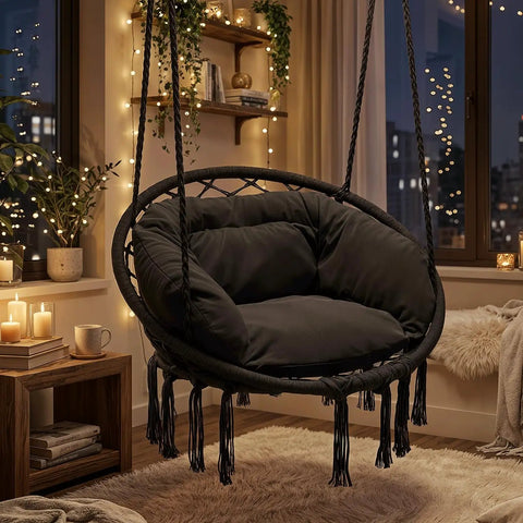Cozy Cushion Hanging Hammock Chair With Extra Support For Indoor And Outdoor Hangout Macrame Swing Chair For Porch Or Backyard 350 Lb Capacity Black Everyday Use in a cozy living room setting with candles.