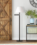 Swing Arm Floor Lamp With Fabric Empire Shade In Blackened Bronze White, 62 Inch Tall Adjustable Reading Light near rustic door