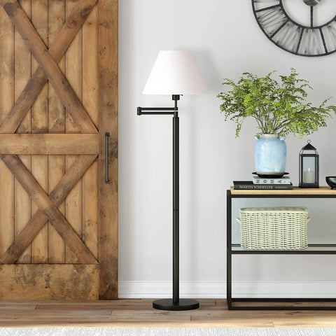 Swing Arm Floor Lamp With Fabric Empire Shade In Blackened Bronze White, 62 Inch Tall Adjustable Reading Light For Sofa Or Armchair