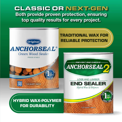 End Sealer Wax Emulsion For Logs And Lumber, water based, quart size; two cans showing product options for wood protection