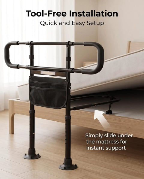 Motion Sensor Night Light Bed Rail For Seniors With Non Slip Handles shown with tool-free installation and adjustable height.