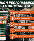 Lithium Grease Tube With Brush shown with car engine, highlighting mechanical stability and water resistance features.