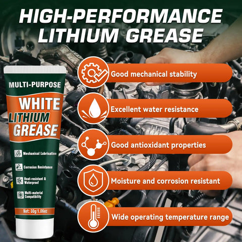 Lithium Grease Tube With Brush shown with car engine, highlighting mechanical stability and water resistance features.