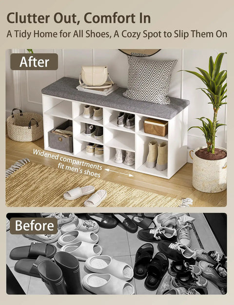 Before and after of 12 Cubby Shoe Storage Bench With Cushioned Seat And Adjustable Shelves White Entryway Organizer