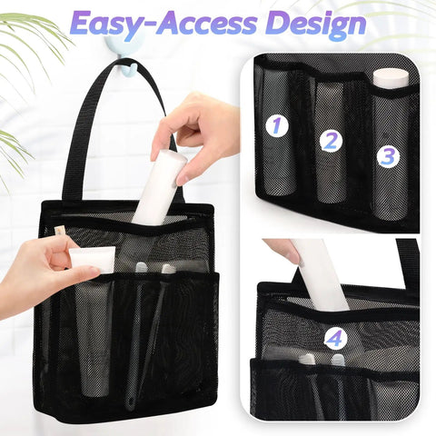 Portable Mesh Shower Caddy For Gym, Travel, Camp, And Dorm Life, Quick Dry Bathroom Organizer Bag shown with toiletries in pockets