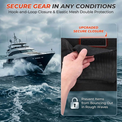 Dockside Ready Self-Adhesive Mesh Boat Storage Bag 10x7 Inch Marine Organizer securing items on rough seas