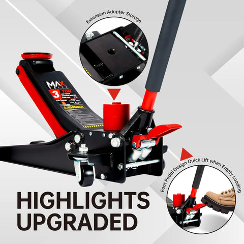 3 Ton Low Profile Floor Jack With Dual Pistons, Heavy Duty Steel Construction, Quick Lift Hydraulic Pump, Foot Pedal And Extension Adapter For Easy Tire Changes, Brakes, And Maintenance On Off Road Cars And Light Trucks