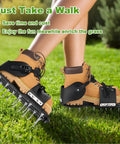 Person wearing Lawn Aerator Shoes With 26 Nail Spikes 5cm And Adjustable Straps For Patios Gardens And Yards on grass
