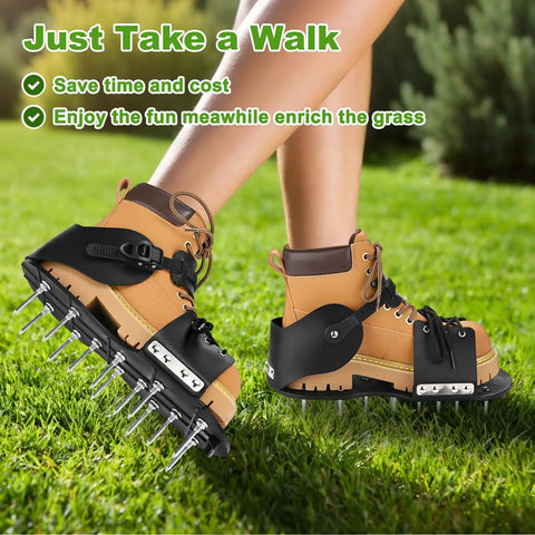 Person wearing Lawn Aerator Shoes With 26 Nail Spikes 5cm And Adjustable Straps For Patios Gardens And Yards on grass