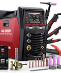 9 In 1 MIG TIG Stick Plasma Cutter Welding Machine with app control and dual voltage 120/240V, showing accessories and app interface.