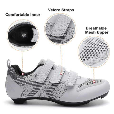 Road Bike And Indoor Cycling Shoes With Preinstalled Delta Cleats For Men Women, 3 Straps, Unisex Size 5.5 Gray, Mesh Upper View