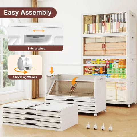 No Hassle Mega Extra Large Four Tier Stackable Storage Bins With Smooth Roll Away Wheels And Locking Door Panels For Heavy Duty Clothes Bedding Seasonal Gear Organization Setup
