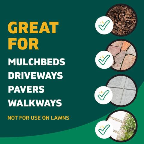 Graphic showing uses for Weed Killer Spray Kit With Reusable Wand Sprayer For Spot Treating Driveways Gardens And More 64 Ounce Bottle on mulch beds, driveways, pavers, walkways. Not for lawns.