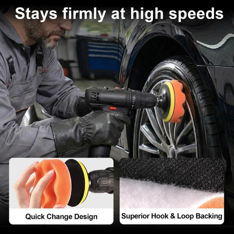 A person using the All In One Pro Grade 33 Piece 4 Inch Car Polishing Pad Kit With Foam Wave And Flat Pads Wool Buffers Backing Plates And Drill Adapters on a car wheel.