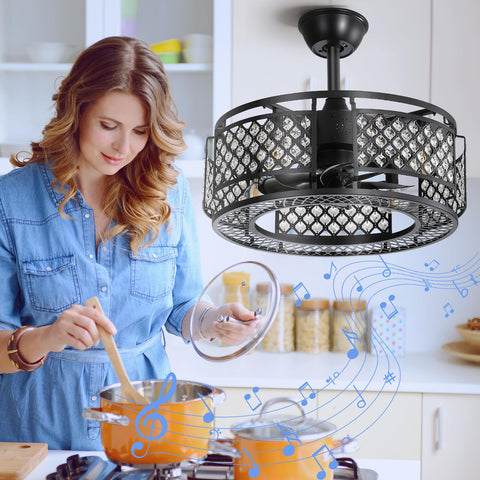 Crystal Ceiling Fan With Lights And Bluetooth Speaker Eighteen Point Eight Inches Dope Enclosed Bladeless Fandelier in kitchen.