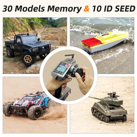 7 Channel RC Transmitter With Gyro Receiver R7FG controlling RC car, boat, and tank with real time voltage telemetry and cruise control mode.
