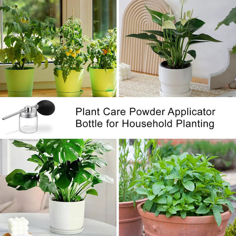 Multipurpose Powder Duster Applicator With Manual Spray Bottle For Home Garden Plant Care And DIY Crafts, shown with plants.