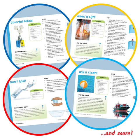 Pages from the Water Science Kit For Kids Ages 8 12 24 Hands On Experiments In Color Chemistry Bubbles And Tornadoes, showing experiments.