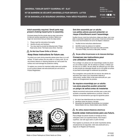 Storkcraft Toddler Safety Guardrail Kit With Slats In Frosted Oat Finish assembly instructions and tools layout.