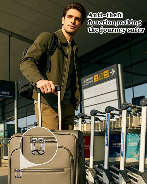 Man using luggage with Beefy Anti Theft Zipper Clips For Backpacks Luggage And Purses attached, highlighting security feature.
