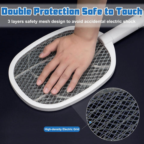 3 Pack Electric Fly Swatter Rackets For Home And Outdoor Use showing safety mesh design preventing electric shock.