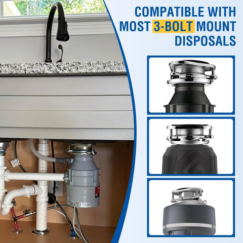 Heavy Duty Twist Lock Garbage Disposal Flange Kit Designed For Hassle Free Kitchen Sink Drain Replacement Plus Super Breezy Home Upgrade With Sleek Silver Finish installed under kitchen sink.